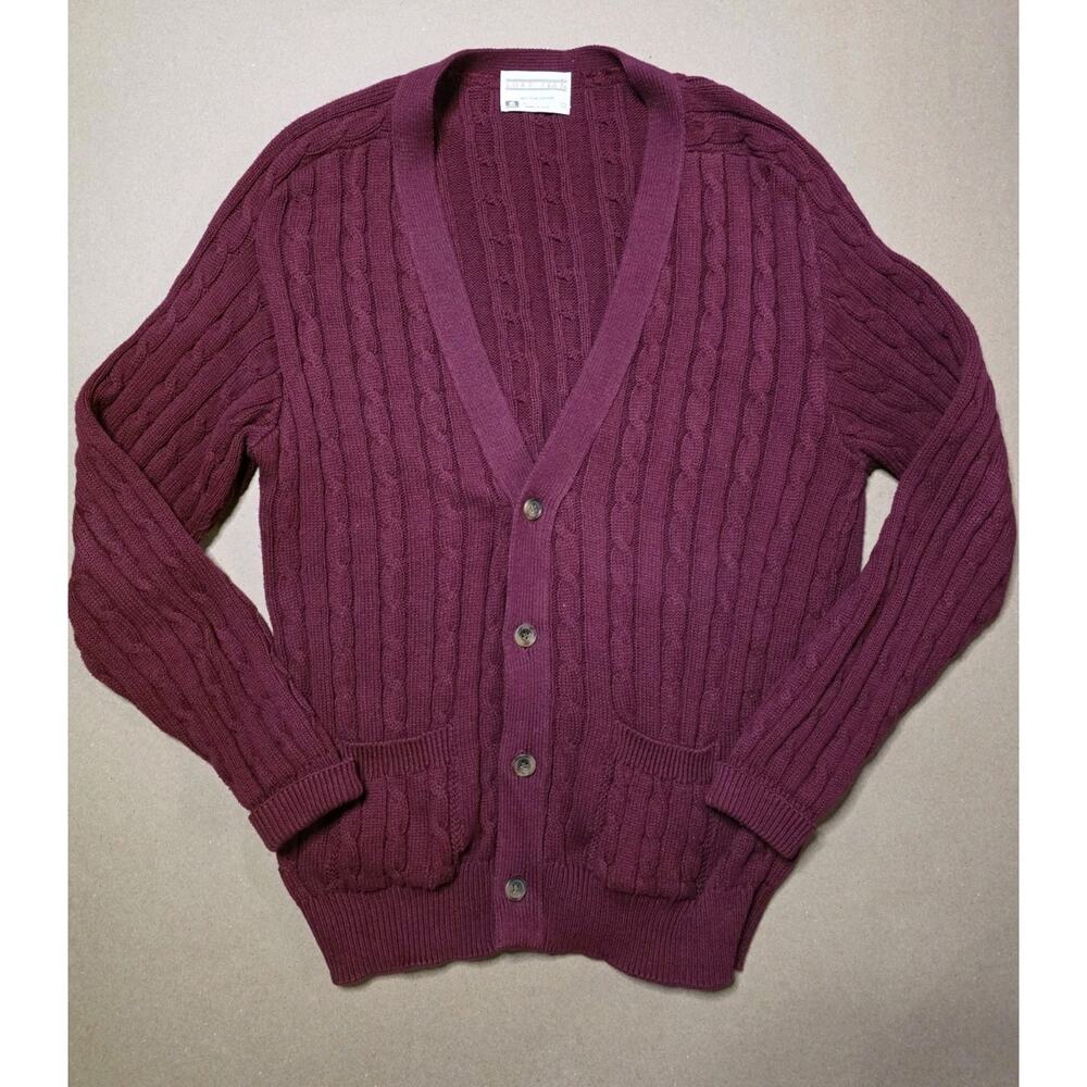 Lord Jeff Vintage Maroon Cable Knit Cardigan Sweater L Made in USA Cotton 90S